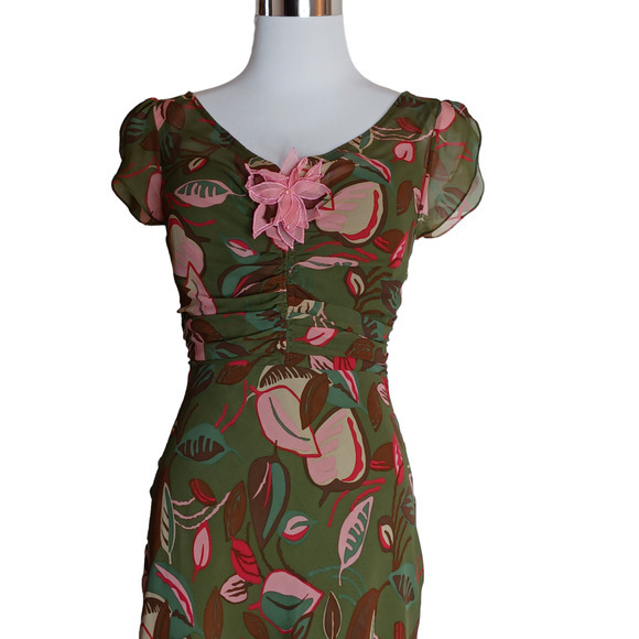 Y2K BCBGMAXAZRIA Silk Midi Dress Ruched XS XXS Coquette Fairy Dainty Babydoll - Picture 16 of 16